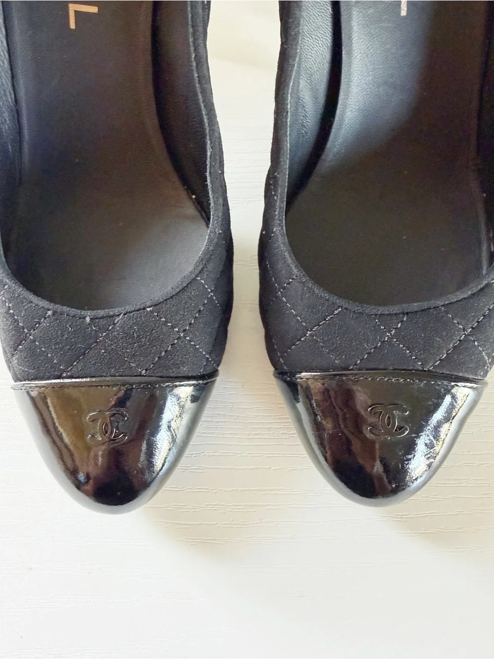Chanel Black Quilted Suede Patent CC Cap Toe Platform Pumps EU 39